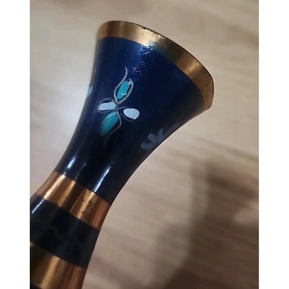 Vintage Turkish Gulistan Metal‎ Hand Painted Bud Vase 6.25in Tall Floral Design